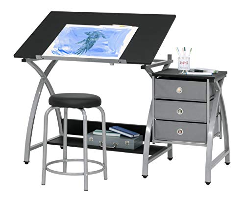 2 Piece Comet Art, Hobby, Drawing, Drafting, Craft Table with 36'W x 23.75'D Angle Adjustable Top and Stool in Silver/Black, Assembled Dimensions: 50' W x x 29.5' H