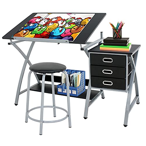 ZENY Tabletop Tilted Drawing Drafting Table Craft Drafting Desk Board Art Workstation w/ 3 Slide Drawers & Stool,Tabletop Adjustable,Art Craft Supplies