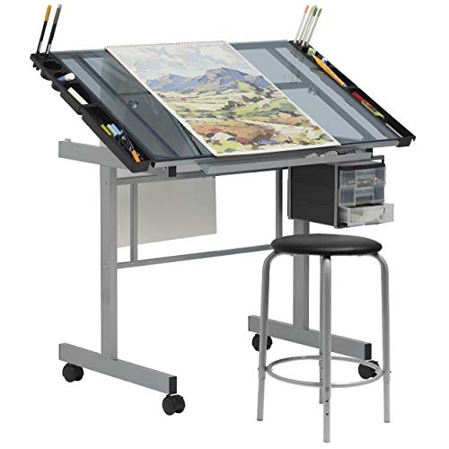 SD Studio Designs Studio Designs 2 Piece Vision Modern Metal Hobby, Craft, Drawing, Drafting Table, Mobile Desk with 40.75' W x 25.75' D Angle Adjustable Top in Silver/Blue Glass