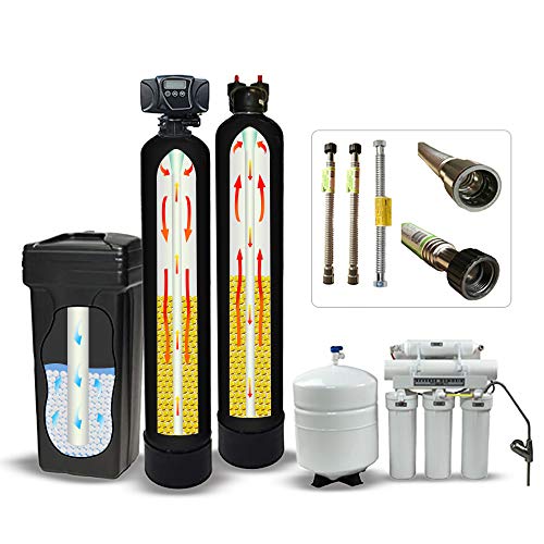Fleck 5600SXT 64,000 Grain Water Softener System with Digital Meter, Brine Tank, Carbon Filter, Quick Adapters, RO System (Ultimate Kit.)