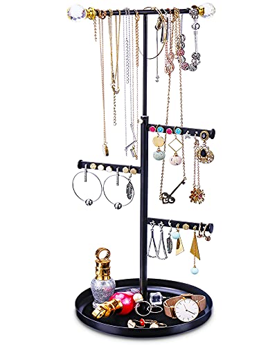 Keebofly Jewelry Tree Stand Organizer - Metal Necklace Organizer Display with Adjustable Height for Necklaces Bracelet Earrings and Ring Black