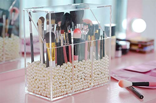 Newslly Clear Acrylic Makeup Organizer with 3 Brush Holder Compartment and Dustproof Lid, Cosmetic Brush Storage Box with White Pearls, for Bathroom Bedroom Vanity Countertop.