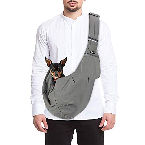 SlowTon Pet Carrier, Hand Free Sling Adjustable Padded Strap Tote Bag Breathable Cotton Shoulder Bag Front Pocket Safety Belt Carrying Small Dog Cat Puppy Machine Washable Grey