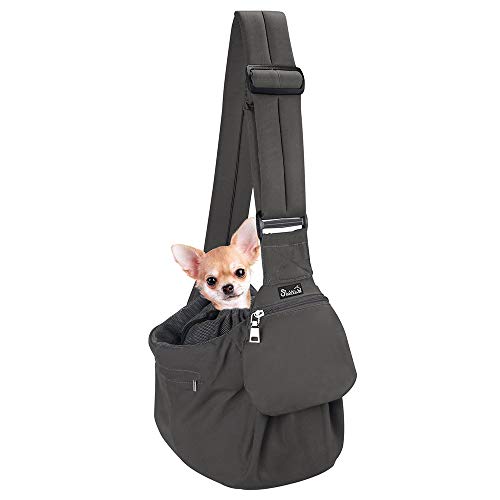SlowTon Pet Sling Carrier, Comfortable Hard Bottom Support Small Dog Papoose Sling Adjustable Padded Shoulder Strap Hand Free Puppy Cat Carry Bag with Drawstring Opening Zipper Pocket Safety Belt