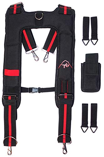 Tool Belt Suspenders Heavy Duty Work Suspenders, Adjustable, Comfortable Padded (Black, Red Adjustable)