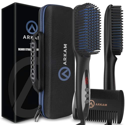 Arkam Deluxe Beard Straightener for Men - Ionic Beard Straightening Comb, Anti-Scald Feature - Hair Straightener for Men, Portable Beard Brush Straightener, Premium Travel Case & Beard Comb Included