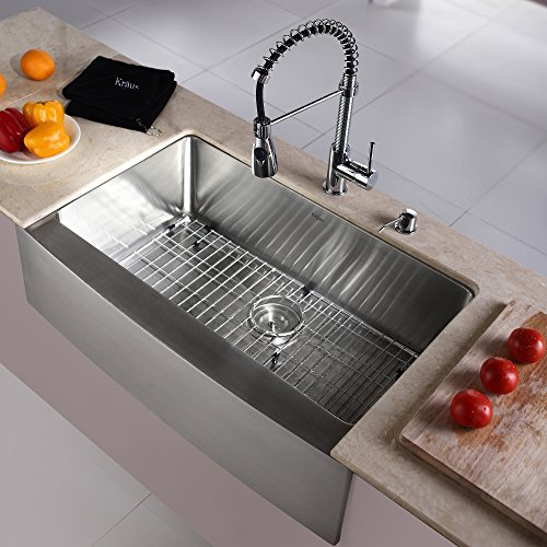 Kraus KHF200-33-KPF1612-KSD30CH 33 inch Farmhouse Single Bowl Stainless Steel Kitchen Sink with Chrome Kitchen Faucet and Soap Dispenser