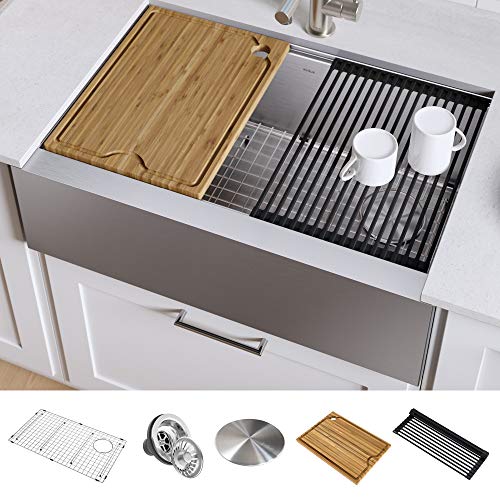 KRAUS Kore Workstation 33-inch Farmhouse Flat Apron Front 16 Gauge Single Bowl Stainless Steel Kitchen Sink with Integrated Ledge and Accessories (Pack of 5), KWF410-33