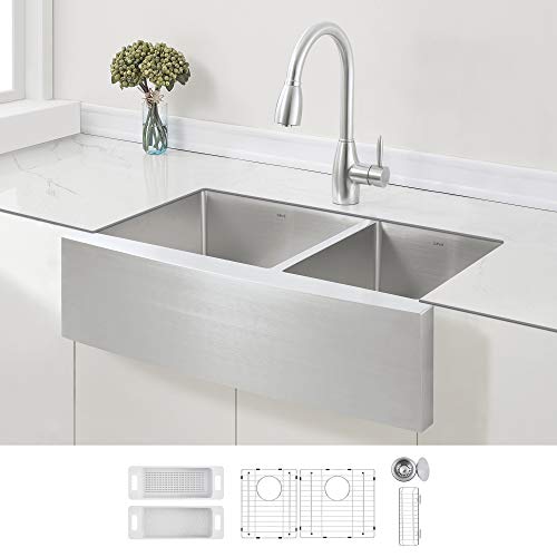 ZUHNE Stainless Steel Double Basin Farmhouse Sink 60/40 (33-Inch Curved Apron Front)