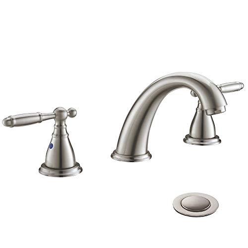 Solid Brass Brushed Nickel 2 Handle Widespread Bathroom Sink Faucet by phiestina, Brushed Nickel 2 Handles Widespread Bathroom Faucet with Stainless Steel Pop Up Drain, WF008-4-BN